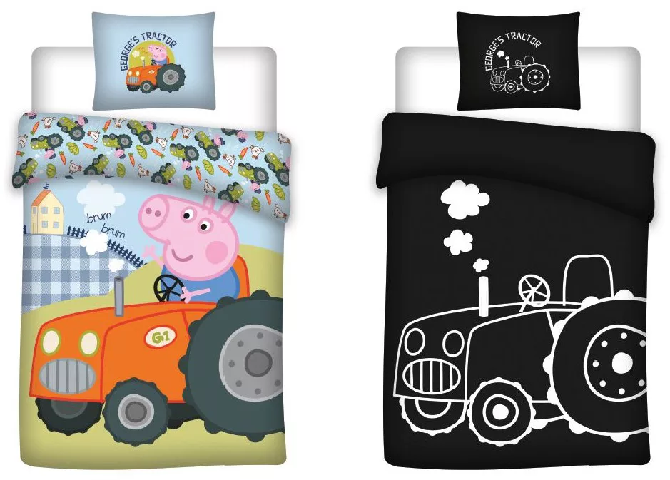 Peppa malac George's Tractor sötétben világító gyerek, ovis ágyneműhuzat 100x135cm, 40x60cm